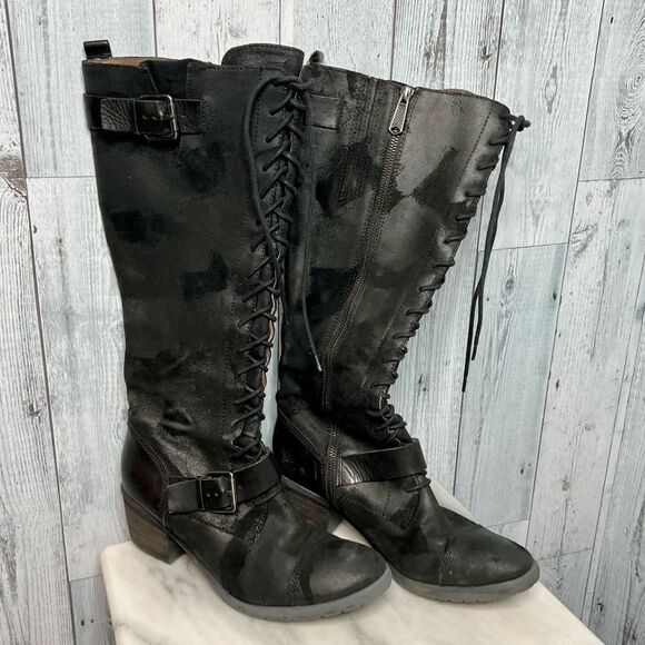 Donald J Pliner black leather distressed patch lace up tall Dnali boots size 8.5 - Picture 3 of 13